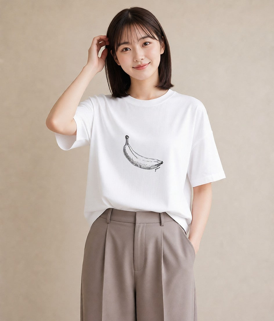 半袖Tシャツ レディース バナナ 食べ物 フード イラスト シック 春コーデ 姉妹 白T YMAZO