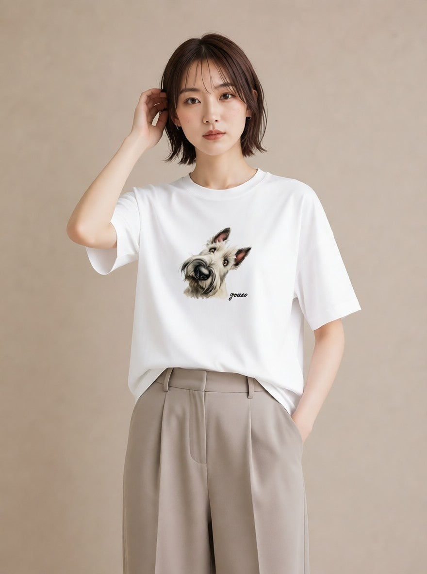 デザインTシャツ レディース ミニチュアシュナウザー 犬 いぬ イラスト 淡色 通勤 在宅 白T YMAZO