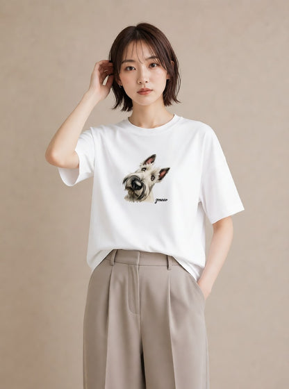 デザインTシャツ レディース ミニチュアシュナウザー 犬 いぬ イラスト 淡色 通勤 在宅 白T YMAZO