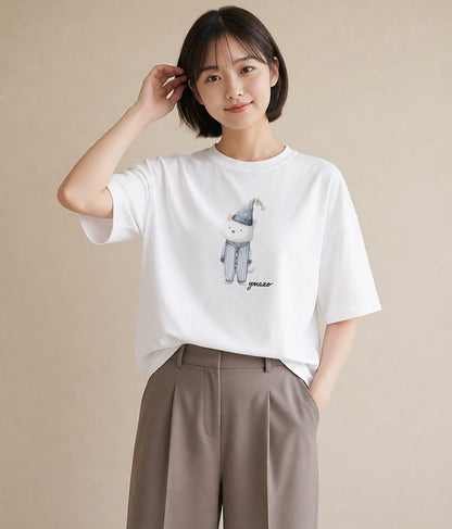 プリントTシャツ レディース ハチワレ 白黒猫 猫 ねこ イラスト ユニーク 女子会 お揃い 白T YMAZO