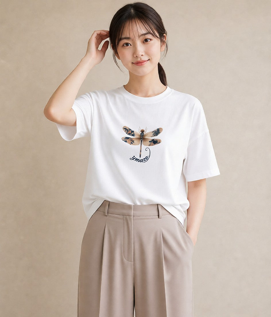 半袖Tシャツ レディース とんぼ 昆虫 虫 イラスト 手描き風 通学 誕生日プレゼント 白T YMAZO