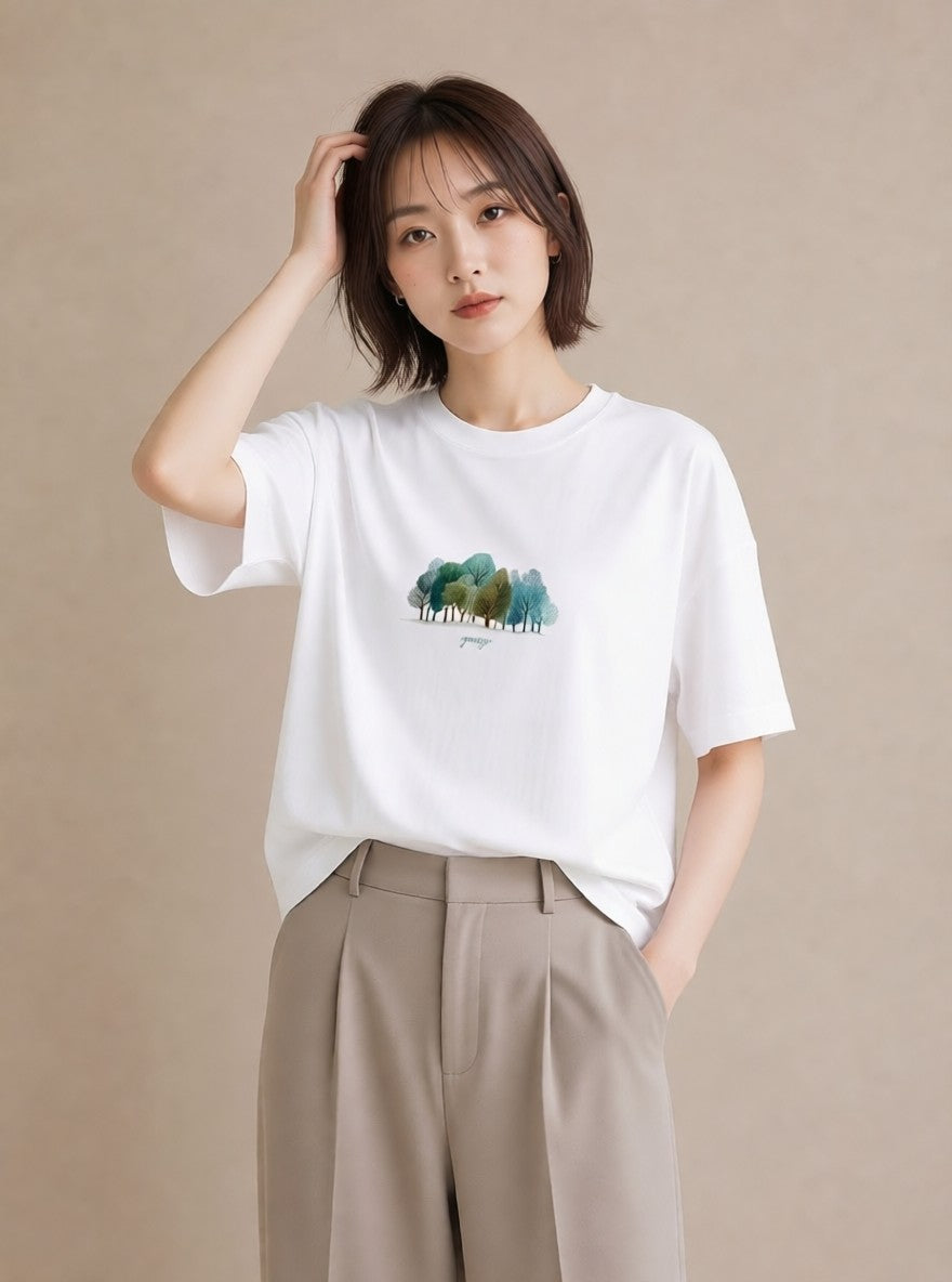 Tシャツ レディース 青の水彩 風景 ブルー ナチュラル アンティーク イラスト アート風 誕生日プレゼント 綿100 白T YMAZO