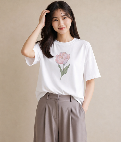 Tシャツ レディース 牡丹 花 花柄 イラスト シック 女子会 お揃い 白T
