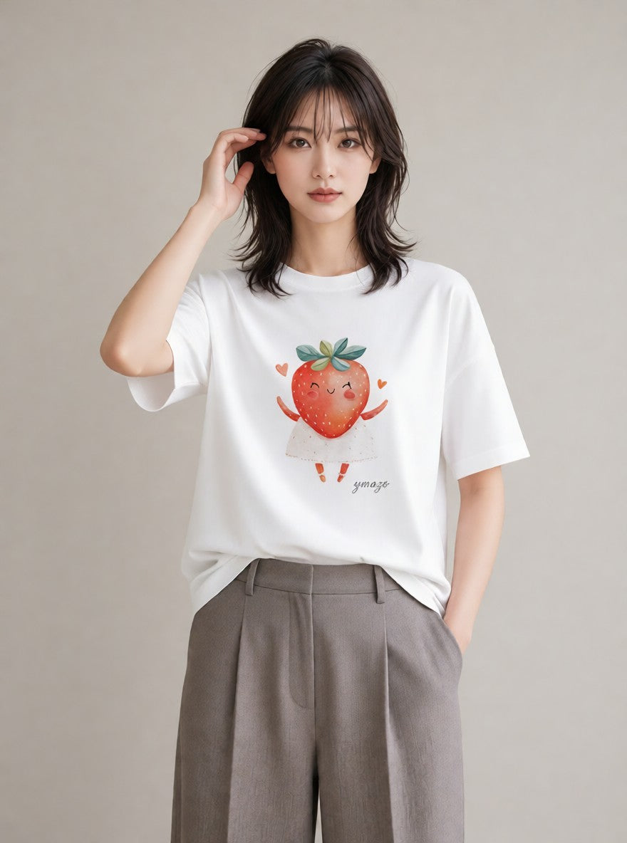 プリントTシャツ レディース いちご 苺 ストロベリー 食べ物 フード イラスト 20代 カジュアルコーデ 白T YMAZO