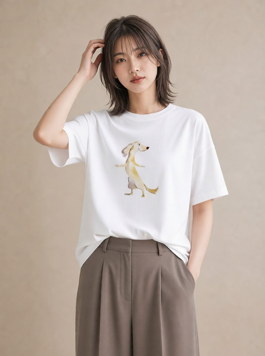 グラフィックTシャツ レディース ミニチュアダックスフンド 犬 いぬ イラスト ニュアンス 秋コーデ おしゃれギフト 白T YMAZO