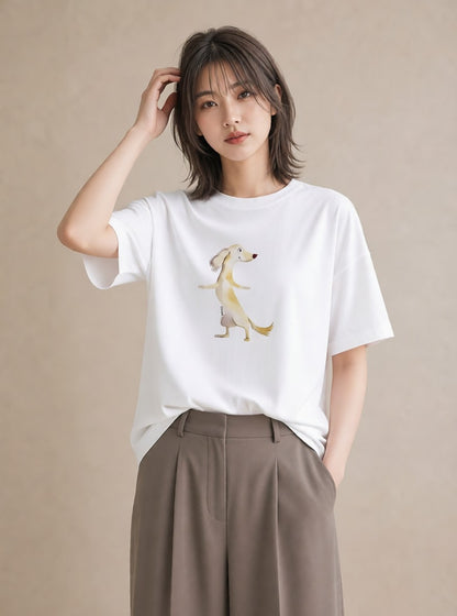 グラフィックTシャツ レディース ミニチュアダックスフンド 犬 いぬ イラスト ニュアンス 秋コーデ おしゃれギフト 白T YMAZO