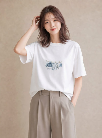 デザインTシャツ レディース 洗濯物 風 ナチュラル アンティーク イラスト きれいめカジュアル 友達ギフト 部屋着 白T YMAZO