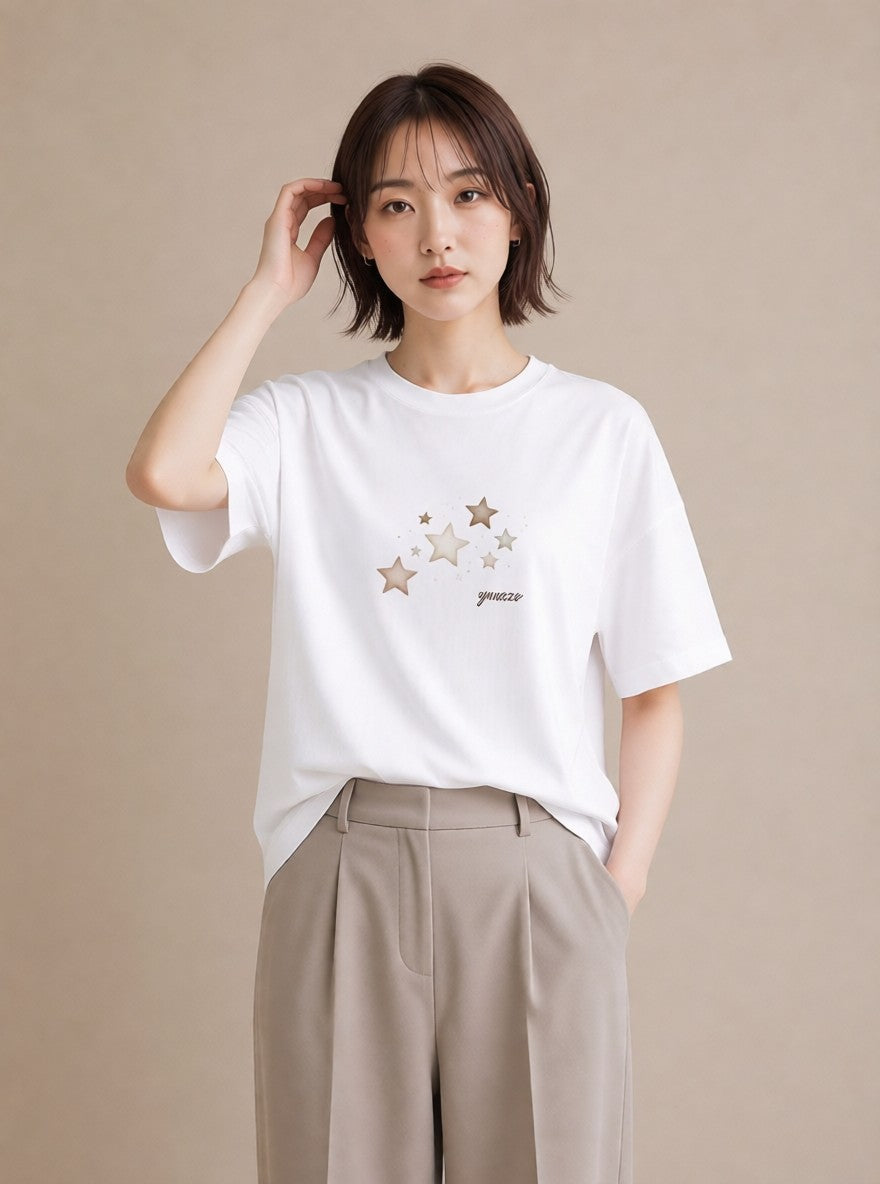 Tシャツ レディース 星 星空 宇宙 イラスト ニュアンス 普段着 週末コーデ 白T YMAZO