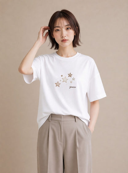 Tシャツ レディース 星 星空 宇宙 イラスト ニュアンス 普段着 週末コーデ 白T YMAZO