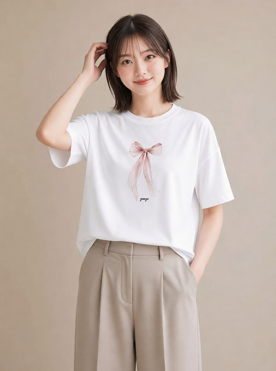 Tシャツ レディース リボン 蝶結び ナチュラル アンティーク イラスト ゆるコーデ 送別ギフト 通勤 白T YMAZO