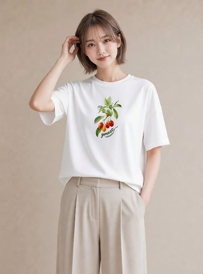 プリントTシャツ レディース さくらんぼ チェリー 食べ物 フード イラスト 北欧風 ラフ レイヤード 白T YMAZO
