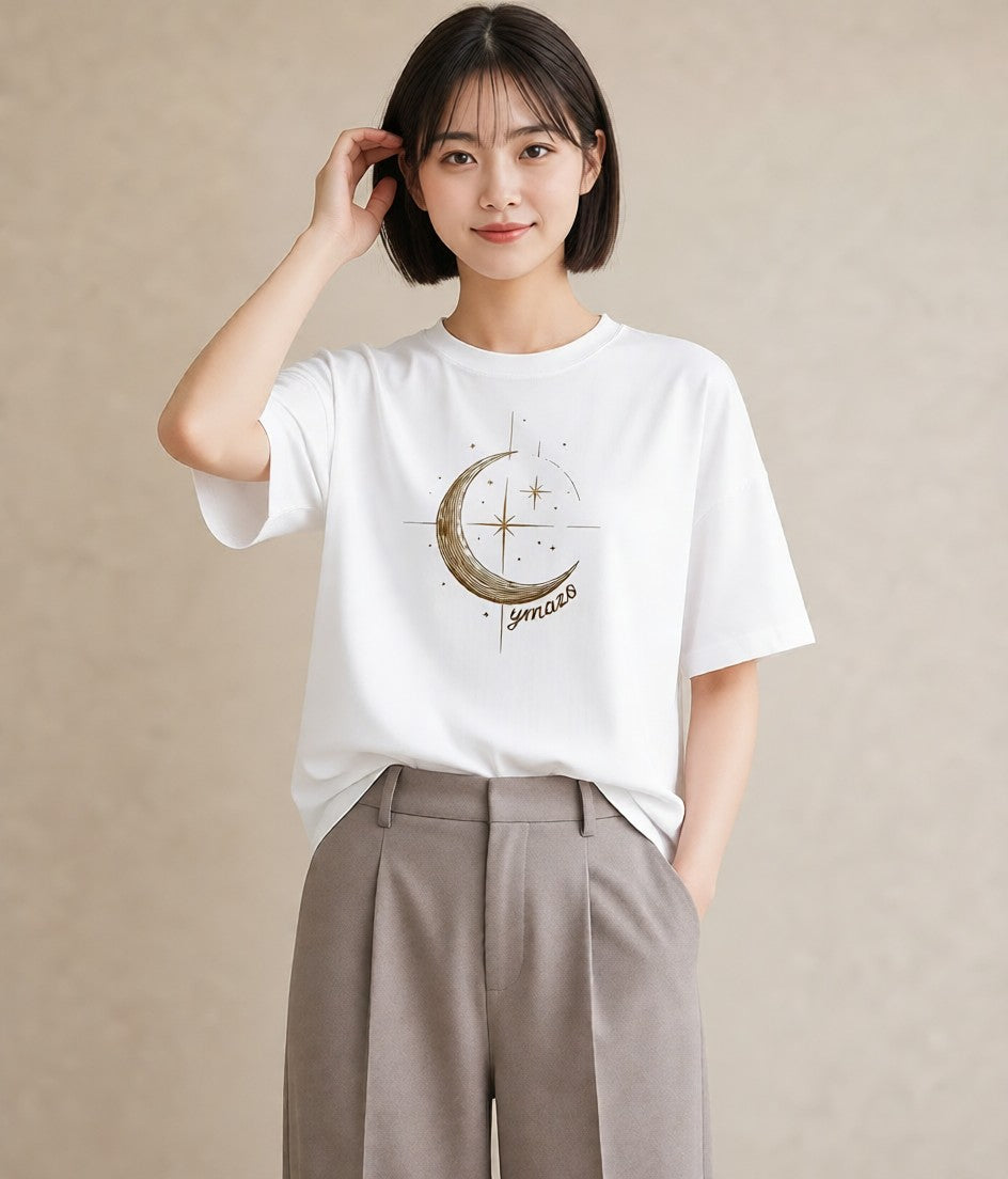Tシャツ レディース 月と星 星空 ムーン イラスト シック お出かけ 普段着 白T YMAZO