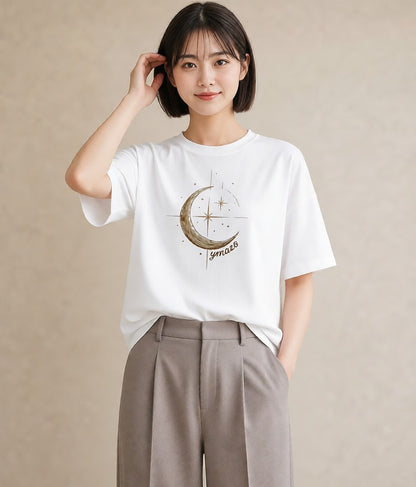 Tシャツ レディース 月と星 星空 ムーン イラスト シック お出かけ 普段着 白T YMAZO