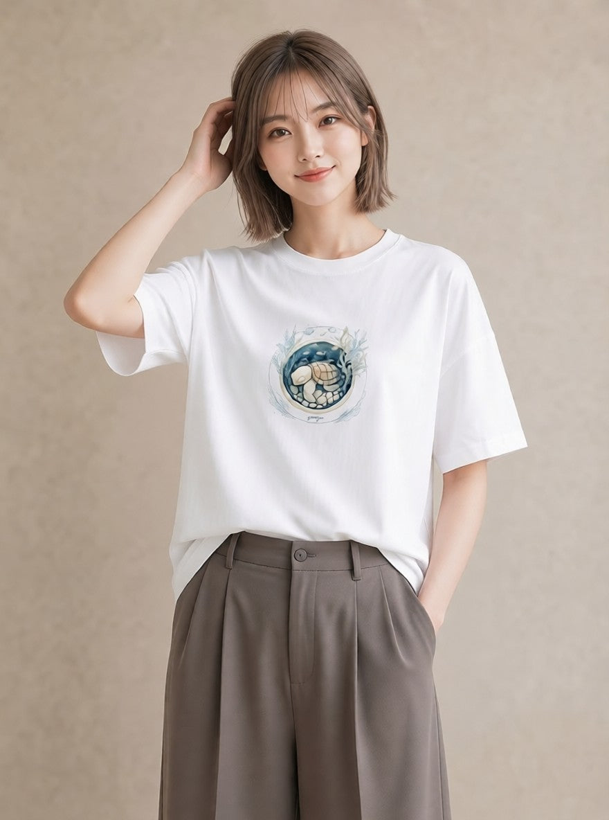 デザインTシャツ レディース カメ ペット 動物 イラスト ゆるかわ カフェ服 クリスマス 白T YMAZO