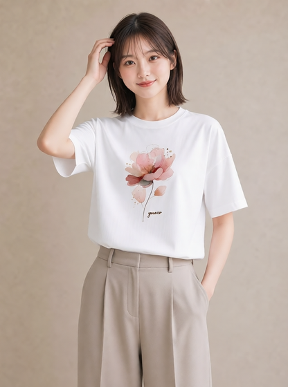 プリントTシャツ レディース 椿 花 花柄 イラスト 抜け感 送別ギフト 通勤 白T YMAZO