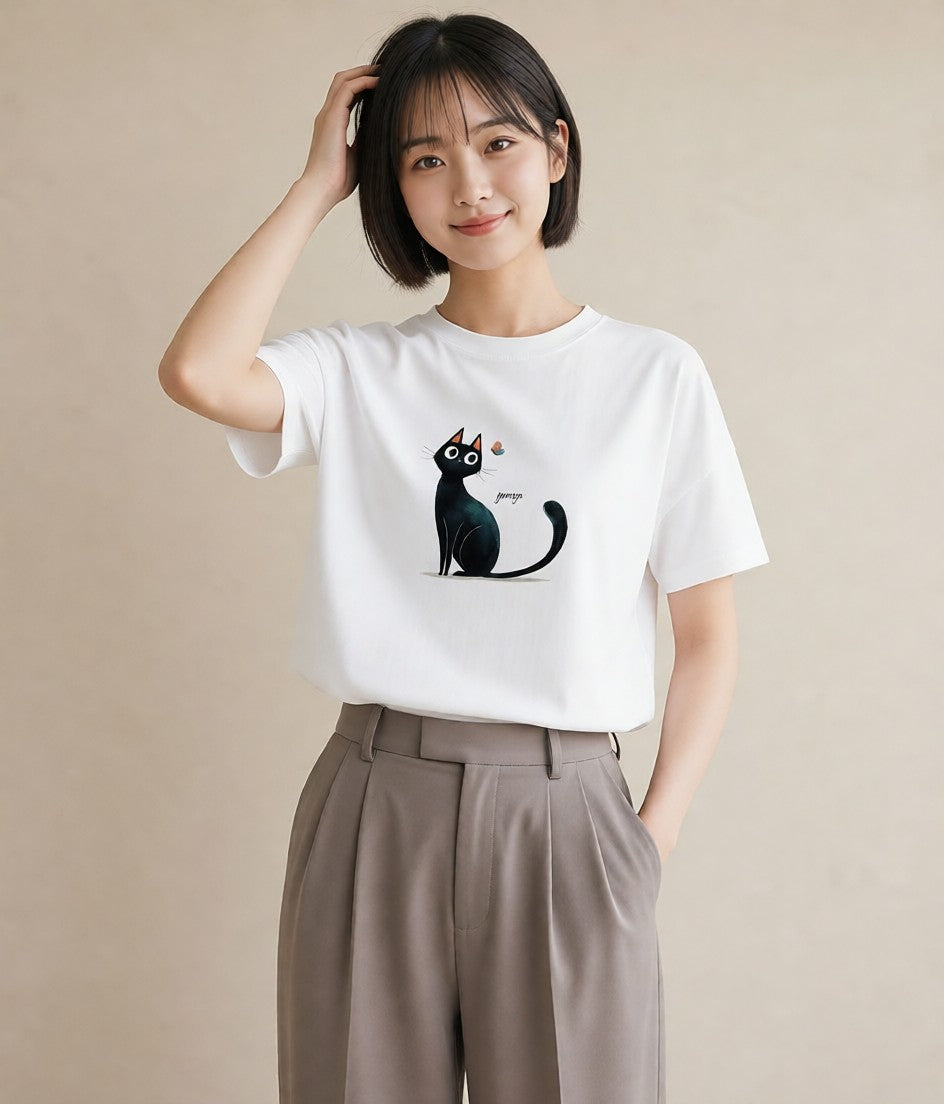 半袖Tシャツ レディース 黒猫 猫 ねこ イラスト ユニーク 20代 カジュアルコーデ 白T YMAZO