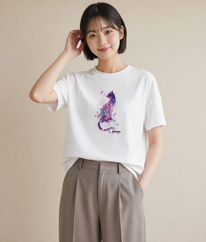 プリントTシャツ レディース しっぽ 猫 ねこ イラスト 個性的 デート 帰省 白T YMAZO