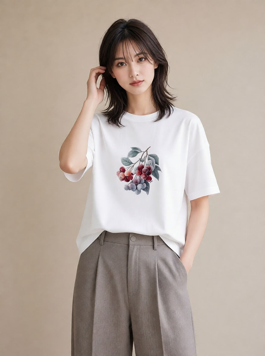 プリントTシャツ レディース さくらんぼ チェリー 食べ物 フード イラスト きれいめカジュアル 自分用 ルームウェア 白T YMAZO