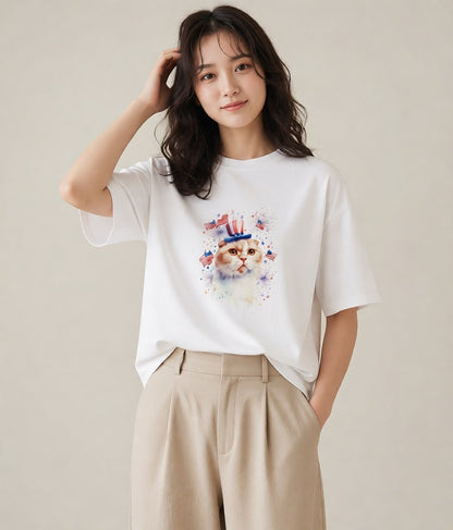 半袖Tシャツ レディース エキゾチックショートヘア 猫 ねこ イラスト レトロ 散歩 お出かけ 白T YMAZO
