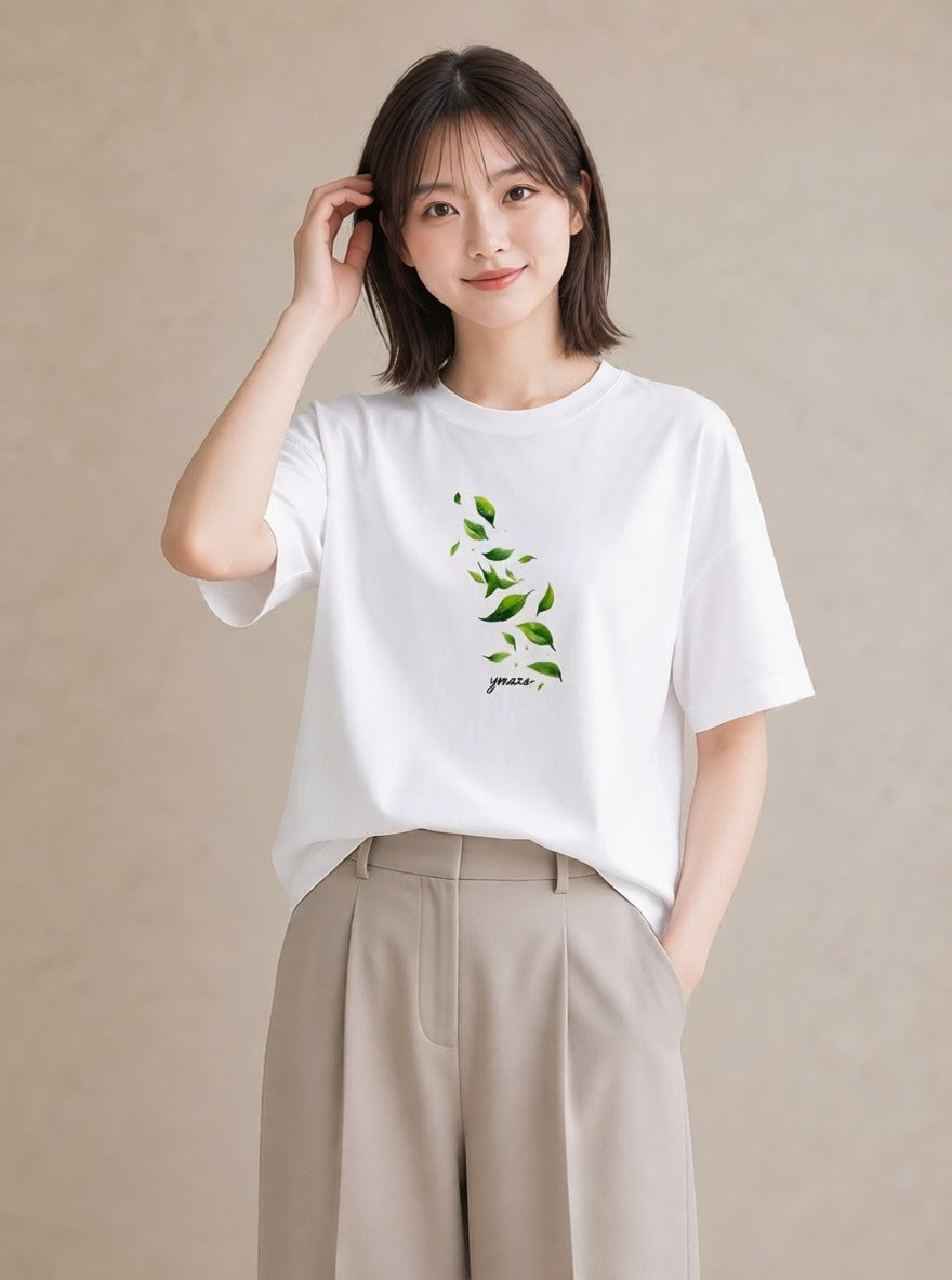 プリントTシャツ レディース 新緑 植物 ボタニカル イラスト 休日コーデ 買い物 夏コーデ 白T YMAZO
