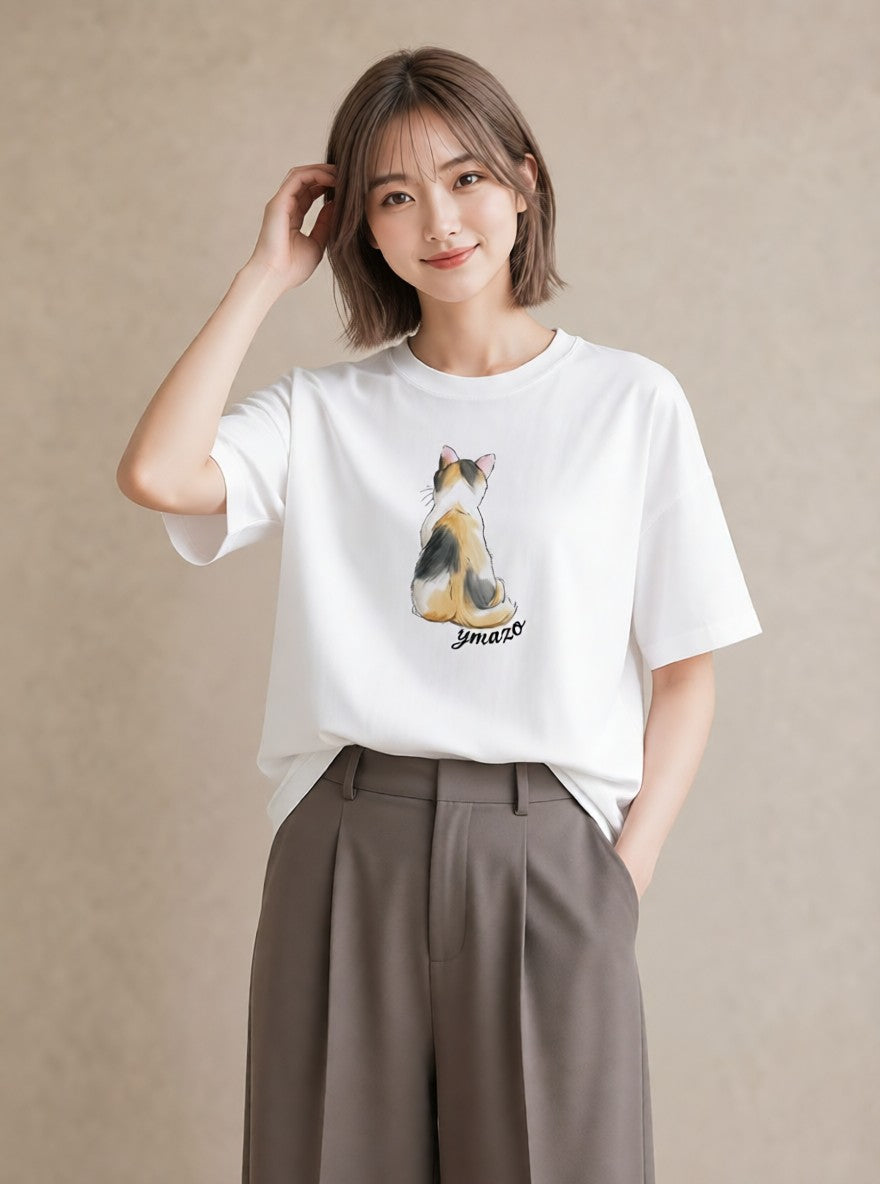 プリントTシャツ レディース マンチカン 猫 ねこ イラスト ボタニカル お出かけ 普段着 白T YMAZO