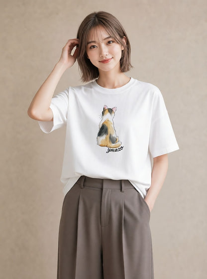 プリントTシャツ レディース マンチカン 猫 ねこ イラスト ボタニカル お出かけ 普段着 白T YMAZO
