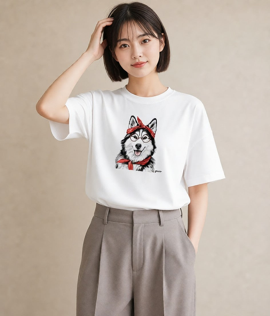 半袖Tシャツ レディース シベリアンハスキー 犬 いぬ イラスト ミニマル 女性向けギフト 散歩 白T YMAZO