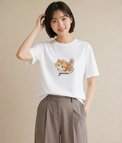 デザインTシャツ レディース マンチカン 猫 ねこ イラスト ポップ 誕生日プレゼント 綿100 白T YMAZO