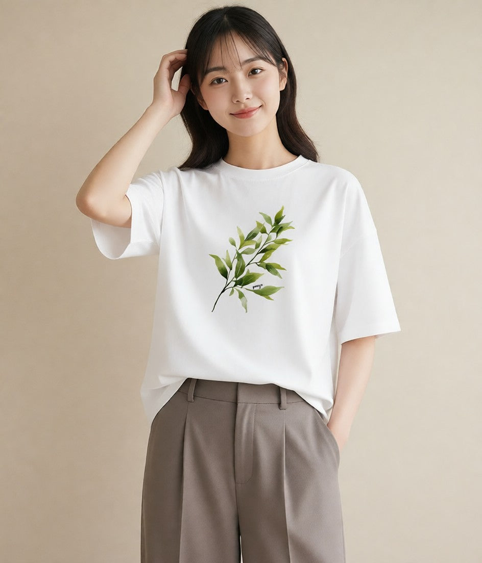 半袖Tシャツ レディース 新緑 植物 ボタニカル イラスト 上品 ペアコーデ 秋コーデ 白T YMAZO