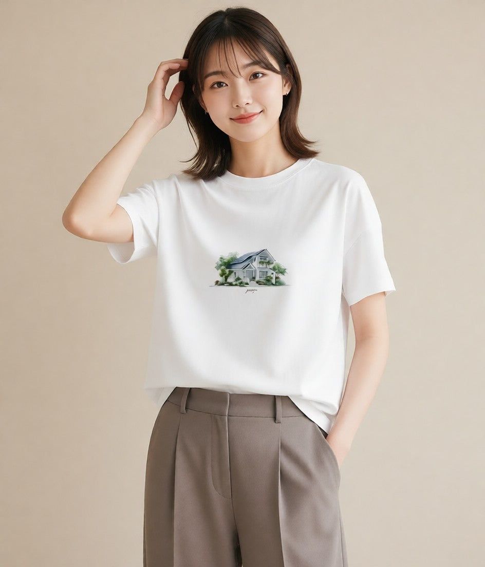 グラフィックTシャツ レディース 灯りの家 小屋 夜 ナチュラル アンティーク イラスト きれいめ ギフト 母の日 白T YMAZO