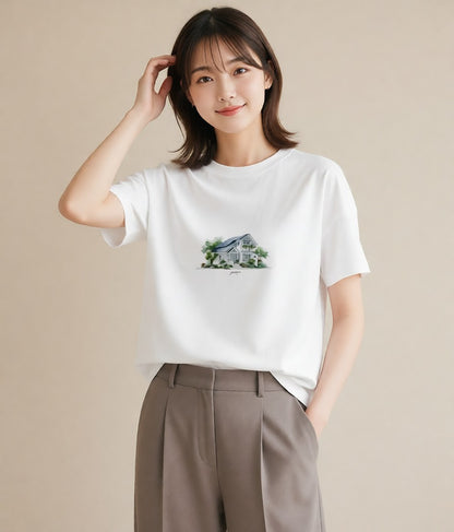 グラフィックTシャツ レディース 灯りの家 小屋 夜 ナチュラル アンティーク イラスト きれいめ ギフト 母の日 白T YMAZO
