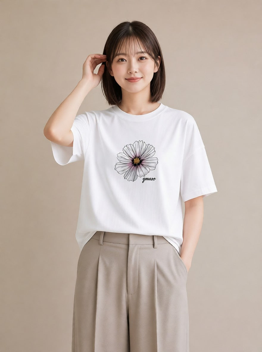 半袖Tシャツ レディース デイジー 花 花柄 イラスト ミニマル 海 カフェ巡り 白T YMAZO