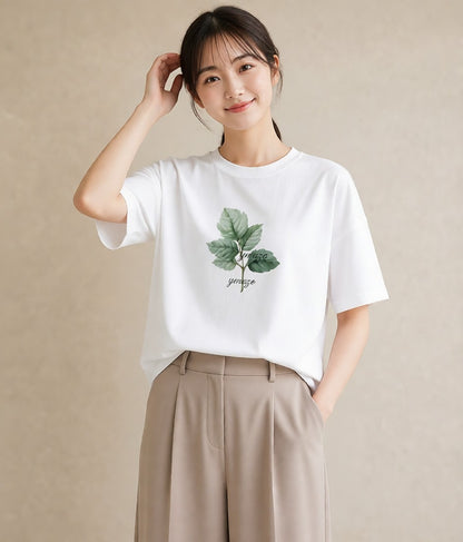 グラフィックTシャツ レディース 葉っぱ 植物 ボタニカル イラスト ミニマル 女性 旅行用 白T YMAZO