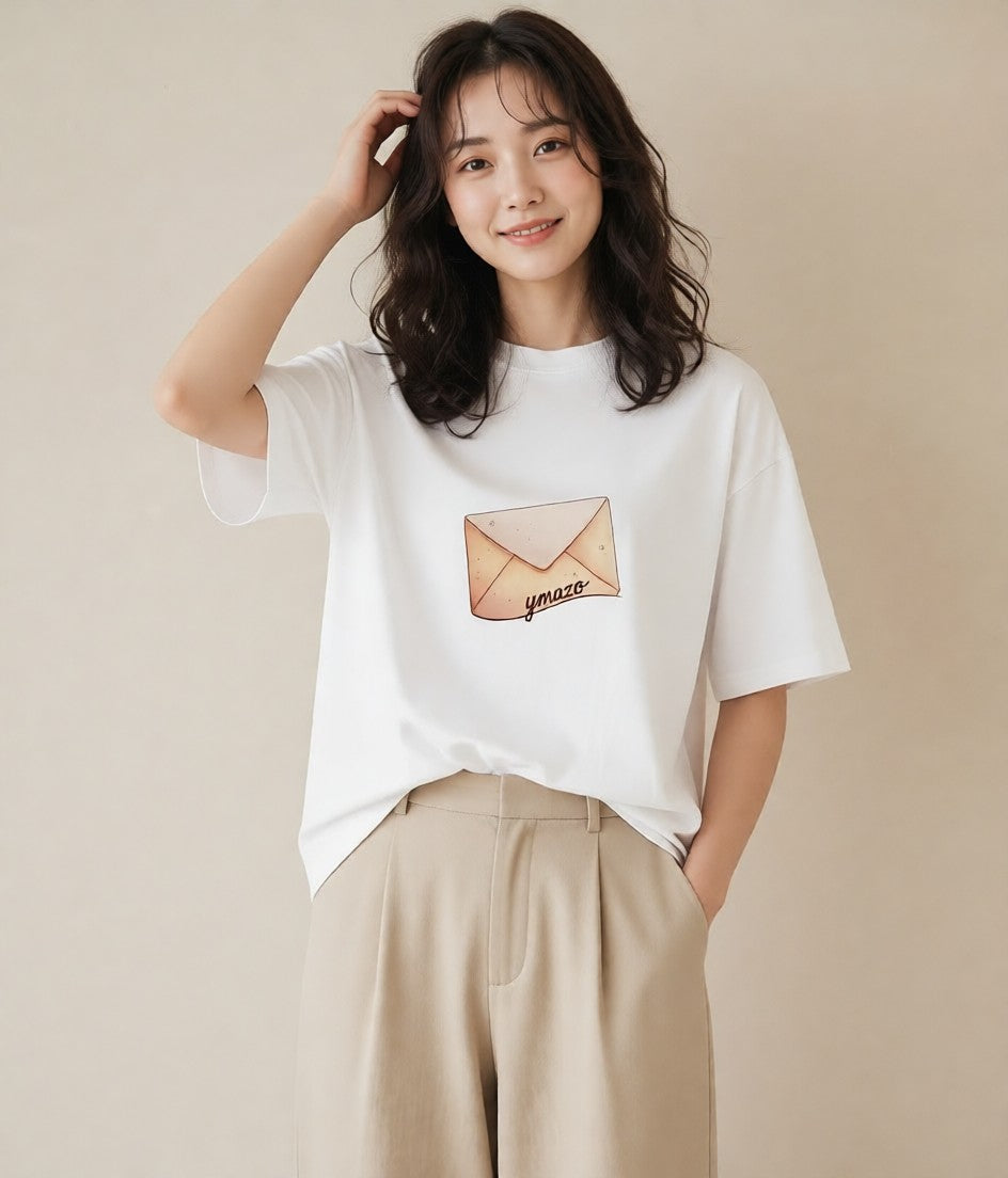 半袖Tシャツ レディース 封蝋 手紙 アンティーク ナチュラル イラスト フェミニン 女性向けギフト 散歩 白T YMAZO