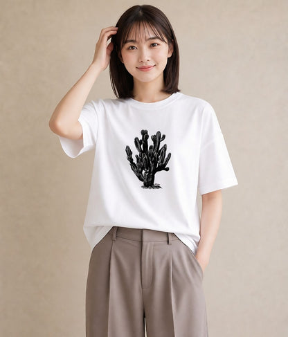 デザインTシャツ レディース サボテン 植物 ボタニカル イラスト 抜け感 綿100 デート 白T YMAZO