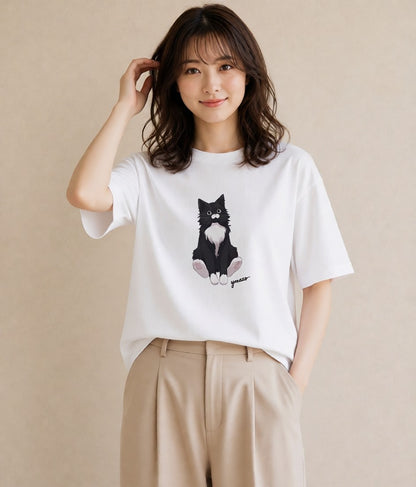 Tシャツ レディース ハチワレ 白黒猫 猫 ねこ イラスト きれいめ 通勤 在宅 白T YMAZO