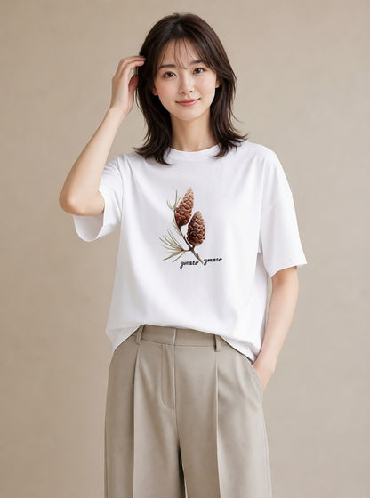 デザインTシャツ レディース どんぐり 植物 ボタニカル イラスト レトロ お出かけ 普段着 白T YMAZO