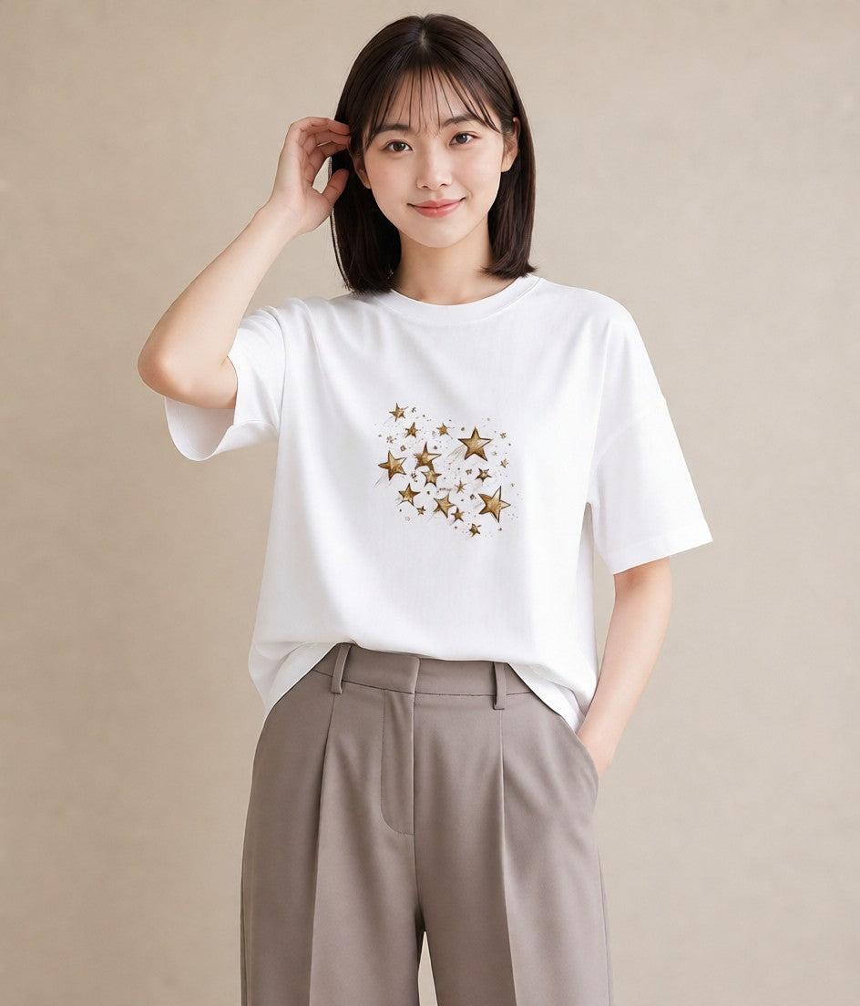 グラフィックTシャツ レディース 星 星空 宇宙 イラスト フェミニン カジュアルコーデ 買い物 白T YMAZO