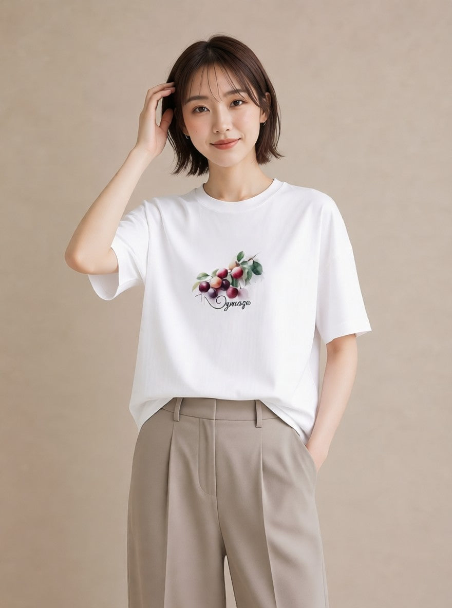 プリントTシャツ レディース ぶどう 葡萄 食べ物 フード イラスト シック 通勤 在宅 白T YMAZO