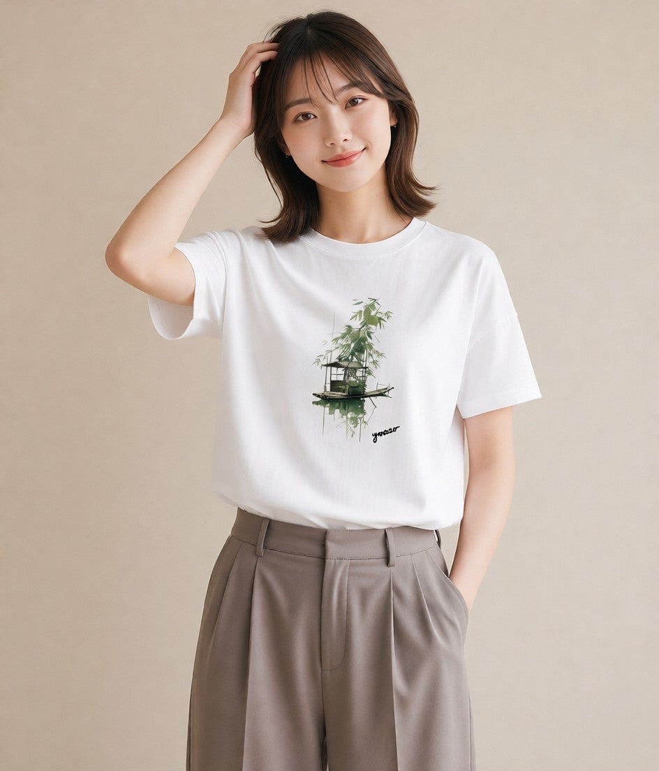 グラフィックTシャツ レディース 桟橋 水辺 波止場 ナチュラル アンティーク イラスト ゆるコーデ カフェ服 クリスマス 白T YMAZO