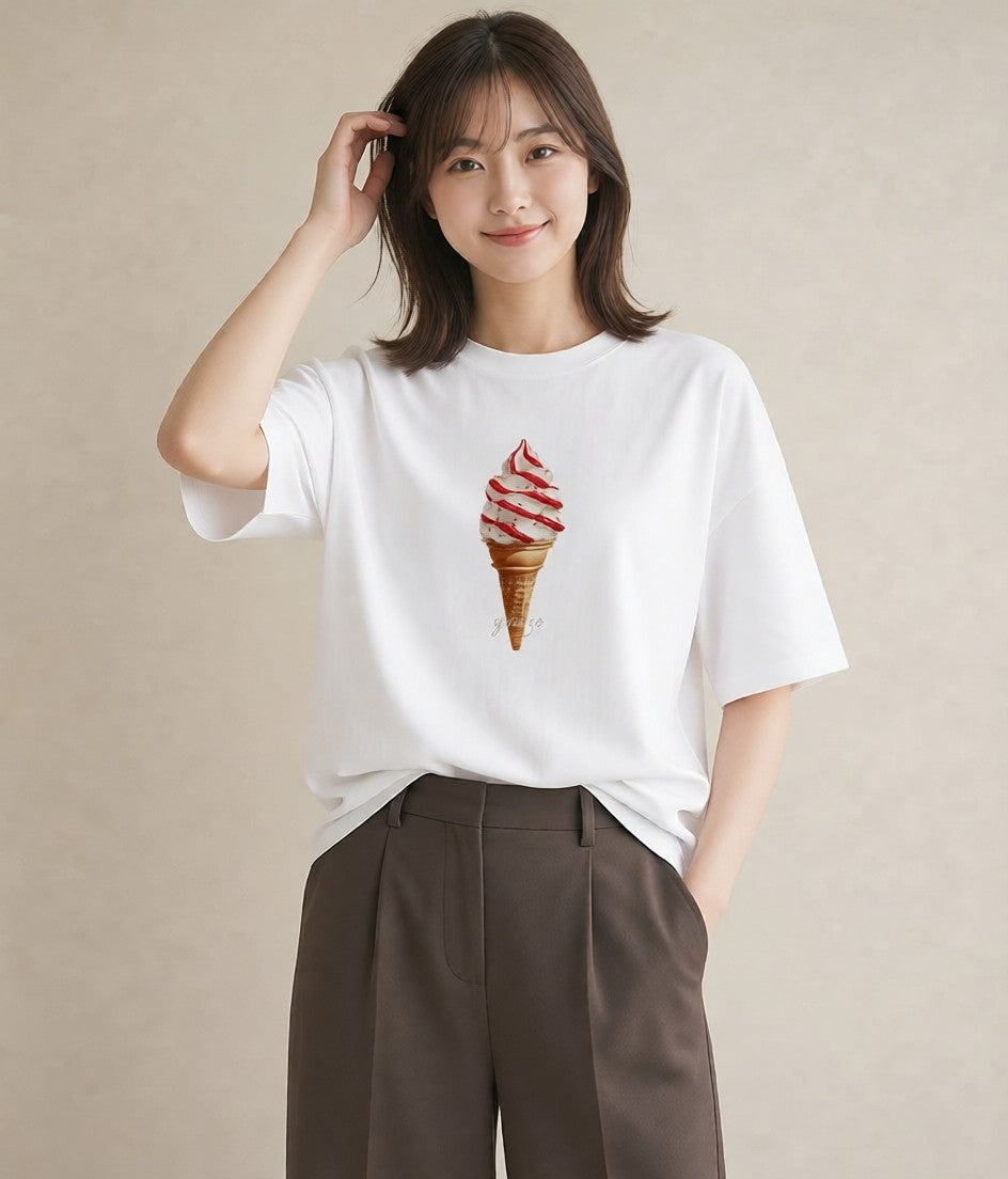Tシャツ レディース アイス 食べ物 フード イラスト ラフ ホワイトデー 春服 白T YMAZO