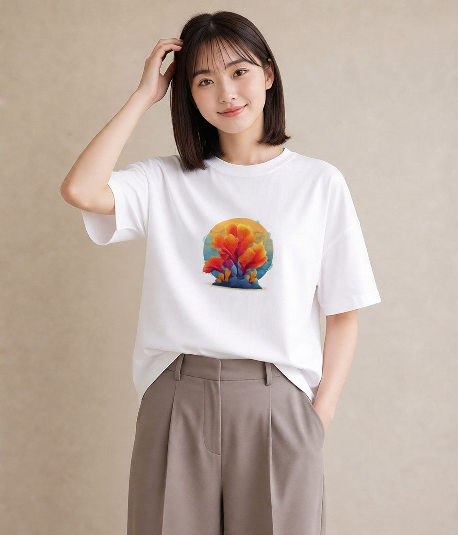 半袖Tシャツ レディース サンゴ 海の生き物 海 イラスト こなれ感 20代 カジュアルコーデ 白T YMAZO