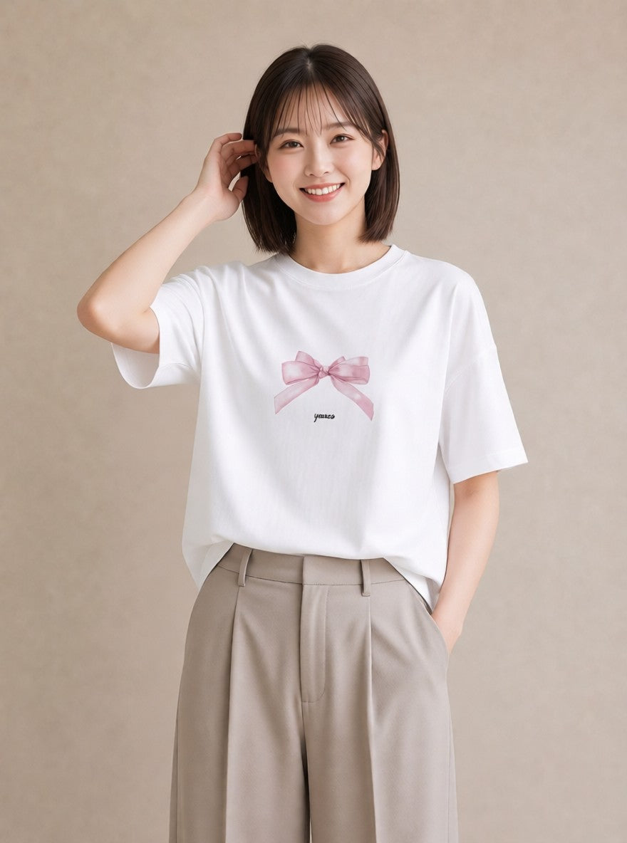 プリントTシャツ レディース リボン 蝶結び ナチュラル アンティーク イラスト 可愛い 在宅 公園 白T YMAZO