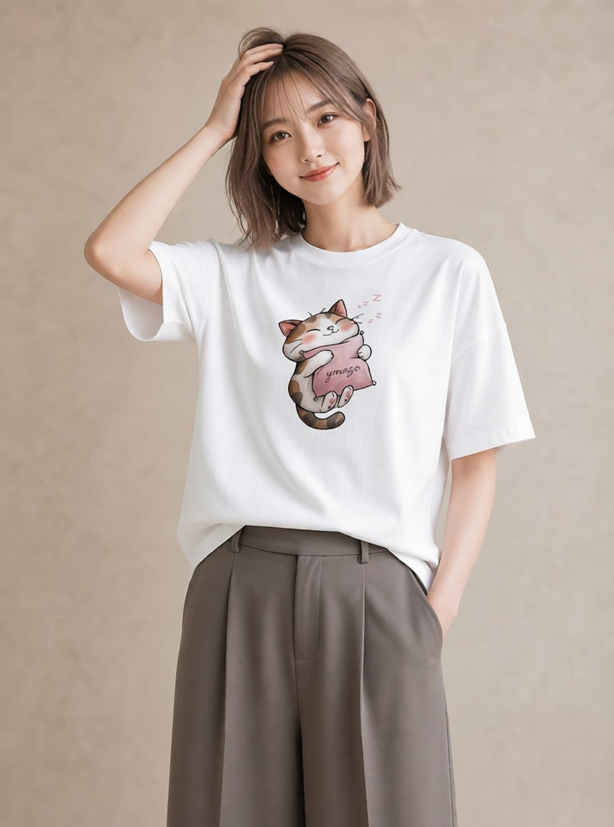 プリントTシャツ レディース ニャンコ 猫 ねこ イラスト シンプル 自分用 ルームウェア 白T YMAZO