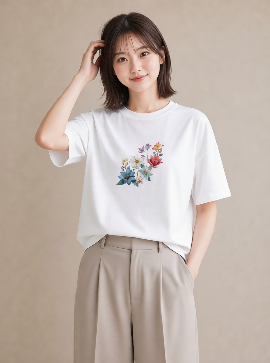 デザインTシャツ レディース コスモス 秋桜 花 花柄 イラスト 休日コーデ 自分用 ルームウェア 白T