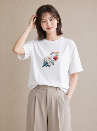 デザインTシャツ レディース コスモス 秋桜 花 花柄 イラスト 休日コーデ 自分用 ルームウェア 白T