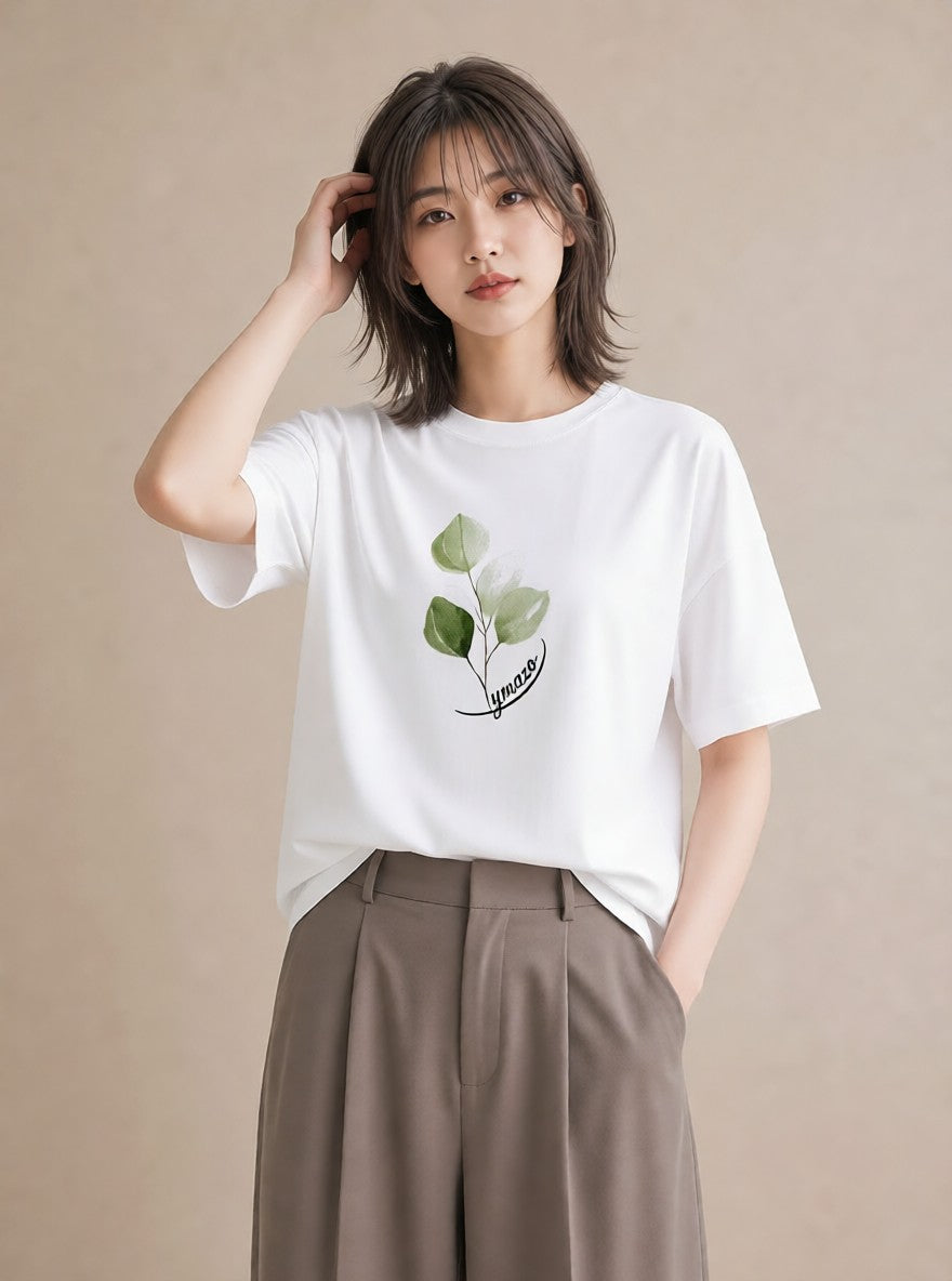 グラフィックTシャツ レディース 葉っぱ 植物 ボタニカル イラスト 普段使い 海 カフェ巡り 白T YMAZO