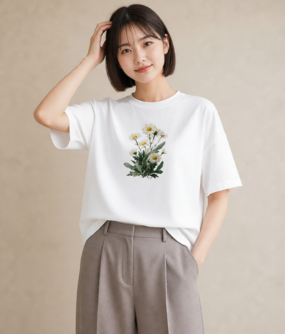 半袖Tシャツ レディース デイジー 花 花柄 イラスト シック 海 カフェ巡り 白T YMAZO