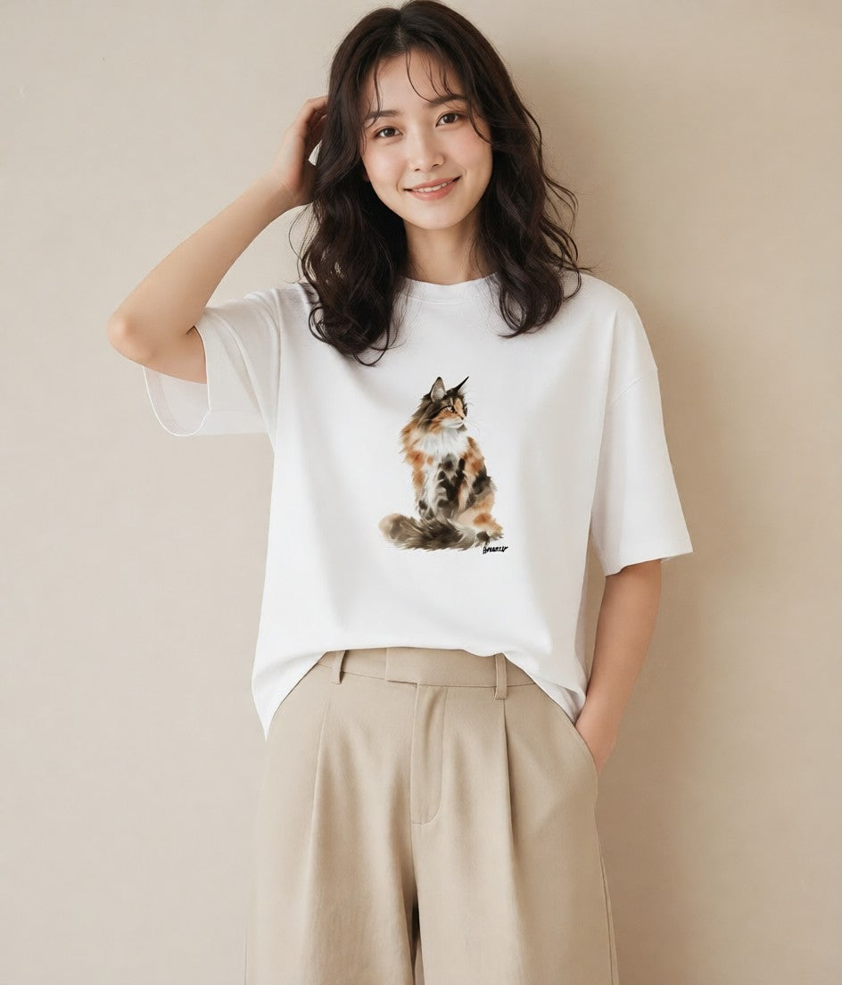Tシャツ レディース おすわり猫 猫 ねこ イラスト カジュアル 公園 ママ 白T YMAZO