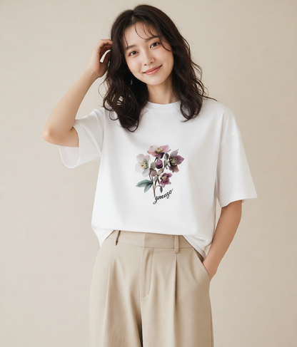 グラフィックTシャツ レディース パンジー 花 花柄 イラスト ナチュラル ペアコーデ 秋コーデ 白T YMAZO